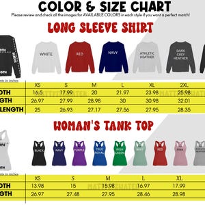 以下が含まれることがあります： 長袖シャツと女性用タンクトップの色とサイズチャート。白、赤、ネイビー、黒など、利用可能な色が表示されています。幅、長さ、袖丈の測定値はインチで表示されます。タンクトップの測定値もインチです。