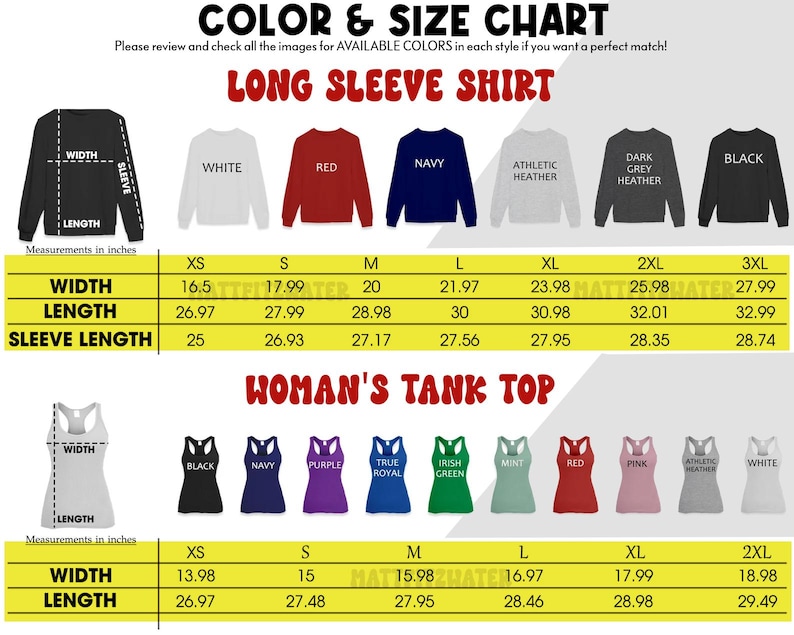 以下が含まれることがあります： 長袖シャツと女性用タンクトップの色とサイズチャート。白、赤、ネイビー、黒など、利用可能な色が表示されています。幅、長さ、袖丈の測定値はインチで表示されます。タンクトップの測定値もインチです。