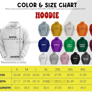 以下が含まれることがあります： フード付きスウェットシャツの色とサイズのチャート。インチ単位の測定値。チャートには、寸法が記載されたフード付きスウェットシャツの図が含まれています。さまざまなフード付きスウェットシャツの色が表示されます。サイズはSから5XLまで。