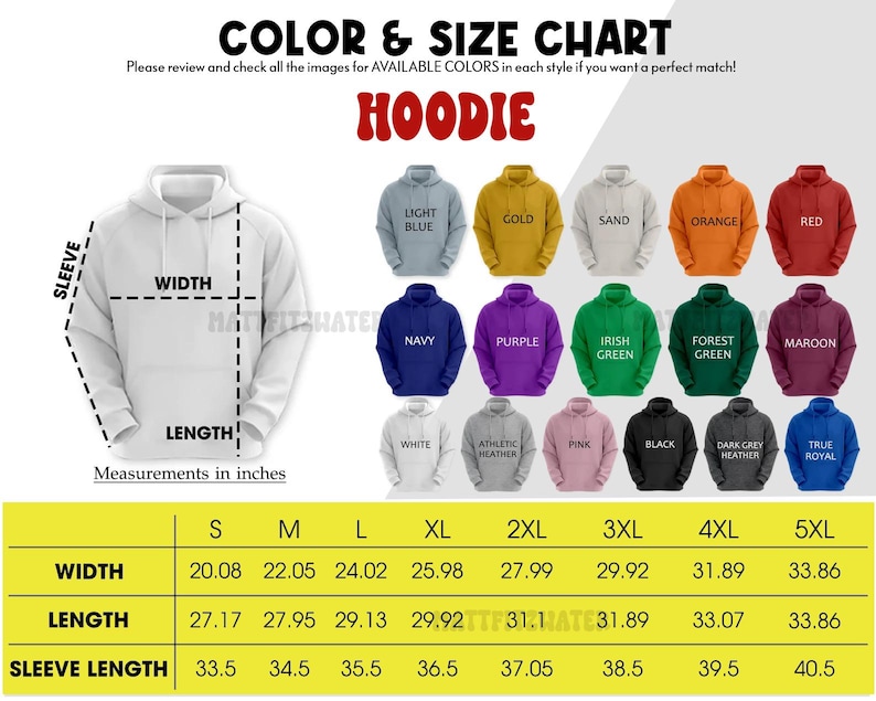 以下が含まれることがあります： フード付きスウェットシャツの色とサイズのチャート。インチ単位の測定値。チャートには、寸法が記載されたフード付きスウェットシャツの図が含まれています。さまざまなフード付きスウェットシャツの色が表示されます。サイズはSから5XLまで。