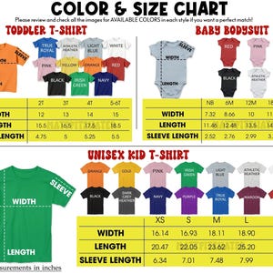 以下が含まれることがあります： 幼児用Tシャツ、ベビーボディスーツ、ユニセックス子供用Tシャツの色とサイズチャート。幅、長さ、袖丈のインチ単位のサイズ測定値が含まれています。各スタイルで利用可能な色が示されています。