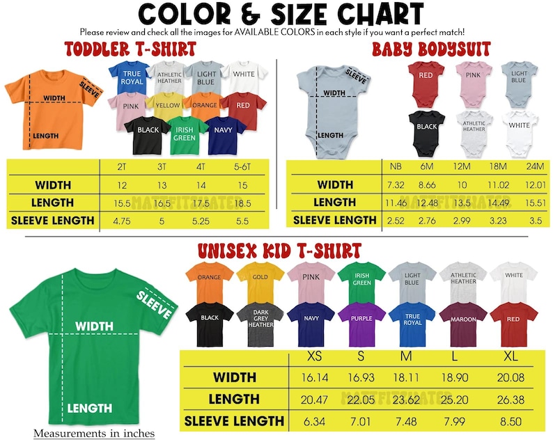 以下が含まれることがあります： 幼児用Tシャツ、ベビーボディスーツ、ユニセックス子供用Tシャツの色とサイズチャート。幅、長さ、袖丈のインチ単位のサイズ測定値が含まれています。各スタイルで利用可能な色が示されています。