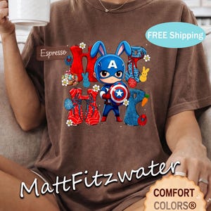 Maglietta pasquale da supereroe Capitan America Coniglio Spiderman Stile Maglietta da eroe pasquale per bambini Buona Pasqua Regalo ispirato alla Marvel immagine 4