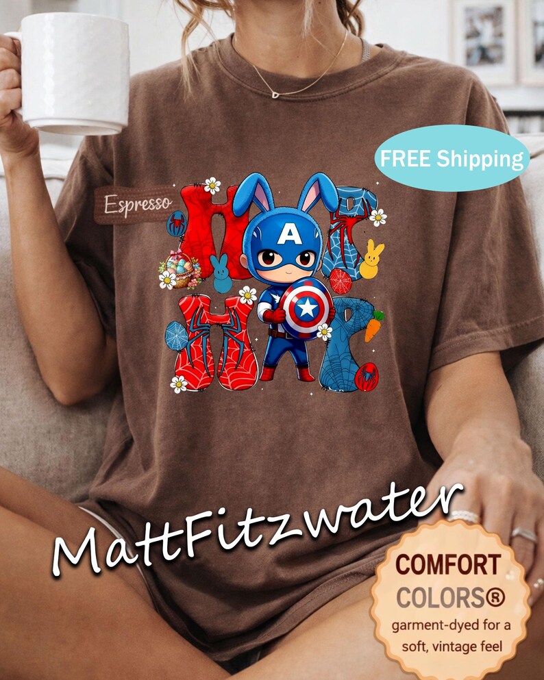 Maglietta pasquale da supereroe Capitan America Coniglio Spiderman Stile Maglietta da eroe pasquale per bambini Buona Pasqua Regalo ispirato alla Marvel immagine 4