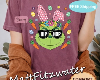 Maglietta hip hop del Grinch di Pasqua, maglietta divertente con coniglietto Grinch, maglietta con occhiali da sole del coniglietto di Pasqua, maglietta di Pasqua carina, regalo di Pasqua