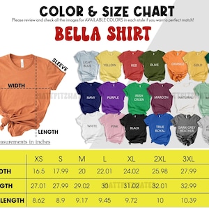 以下が含まれることがあります： Bellaシャツの色とサイズのチャート。ライトブルー、イエロー、レッド、グリーンなど、さまざまな色があります。XSから4XLまで、幅、長さ、袖丈のインチ単位の測定値が含まれています。