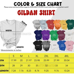 以下が含まれることがあります： Gildanのシャツの色とサイズのチャート。白いTシャツとインチ単位の測定値が表示されています。チャートには、赤、オレンジ、緑など、さまざまなシャツの色が表示され、サイズはSから5XLまであります。「COLOR & SIZE CHART」と書かれています。