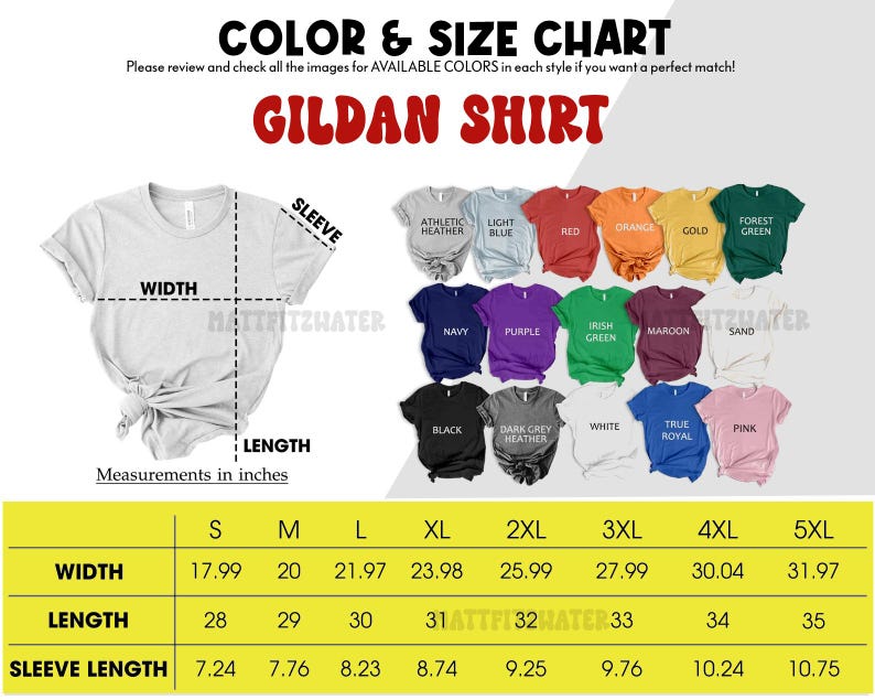 以下が含まれることがあります： Gildanのシャツの色とサイズのチャート。白いTシャツとインチ単位の測定値が表示されています。チャートには、赤、オレンジ、緑など、さまざまなシャツの色が表示され、サイズはSから5XLまであります。「COLOR & SIZE CHART」と書かれています。