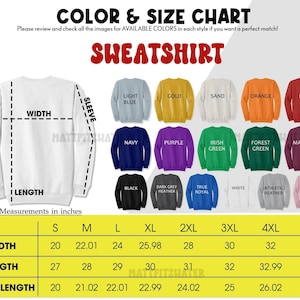 以下が含まれることがあります： スウェットシャツの色とサイズのチャート。ライトブルー、ゴールド、レッドなど様々な色があります。幅、丈、袖丈のインチ単位の測定値が記載されており、サイズSから5XLまであります。