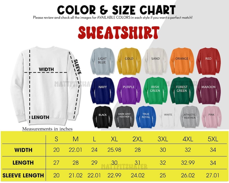 以下が含まれることがあります： スウェットシャツの色とサイズのチャート。ライトブルー、ゴールド、レッドなど様々な色があります。幅、丈、袖丈のインチ単位の測定値が記載されており、サイズSから5XLまであります。