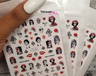 Halloween Day of the Dead Nail Stickers Decals Witch Ghost Spooky Art Press On Nails