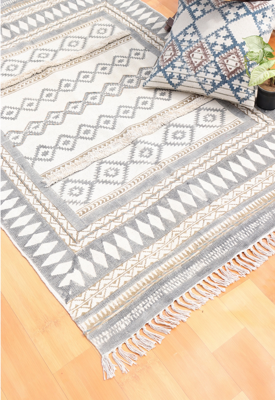 Natural Handmade Block Print Cotton Rug – 10x14, Jaipur Dhurrie Carpet ...