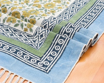 Hand Block Printed Cotton Rug, Floral Indian Rug, 6x9