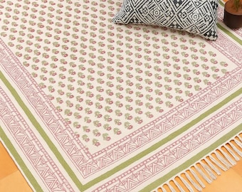 Indian Rug | Handmade Cotton Rugs | Geometric Rug | Block Printed Rug Dhurrie | Patio Rugs Kitchen Dhurrie | 6x9 8x10 Rug