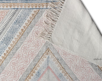 May include: A section of a patterned rug with a cream-colored background. The rug features geometric designs in shades of blue, pink, gray, and gold. The edge of the rug has a fringe detail. The rug is made of a woven material.