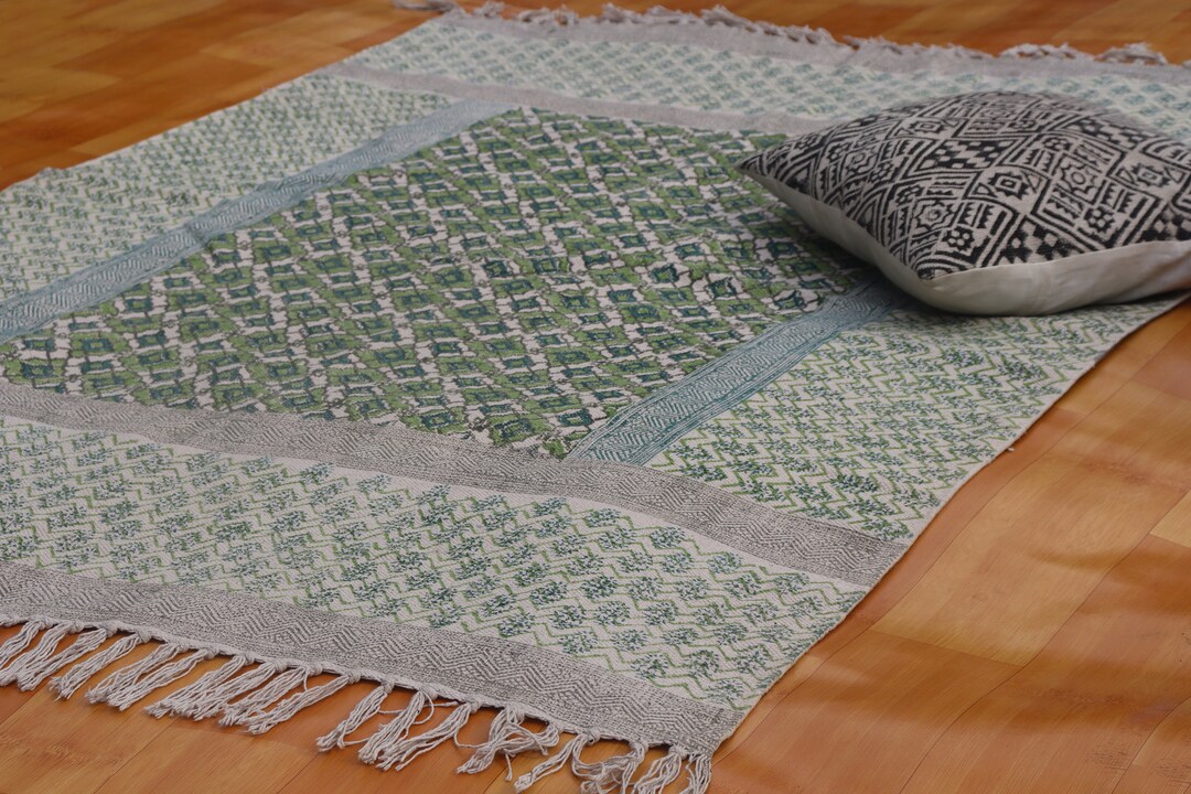 Block Printed Cotton Rug, Geometric Vintage Style, Hand Woven - Etsy