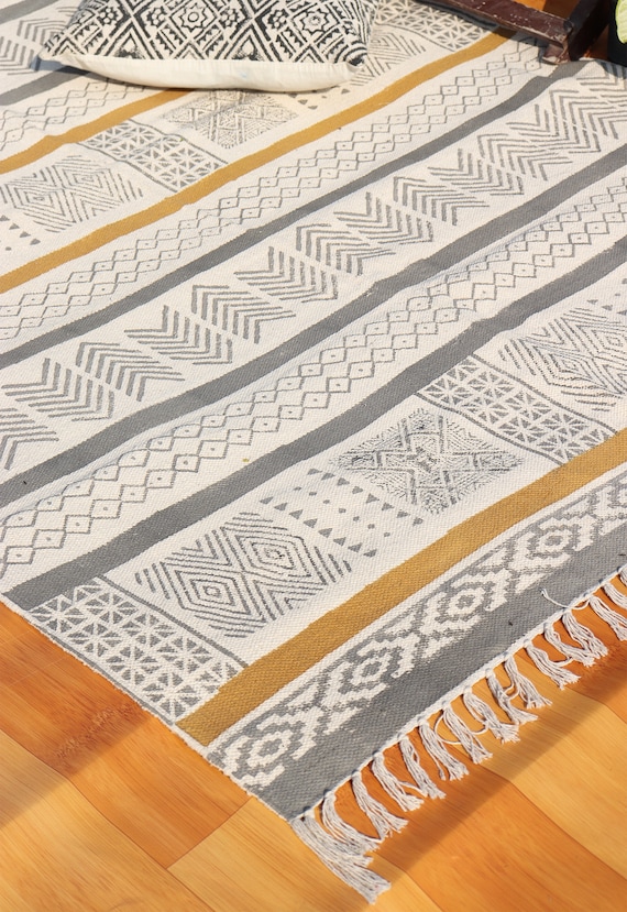 Handmade Cotton Durries Hand Block Printed Rugs For Living Room Home Décor Carpet