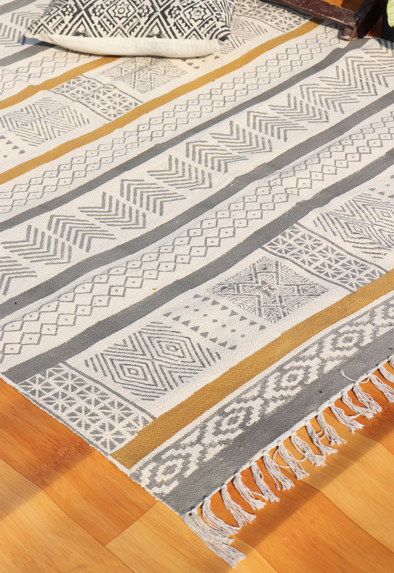 Handmade Cotton Durries Hand Block Printed Rugs For Living Room Home Décor Carpet