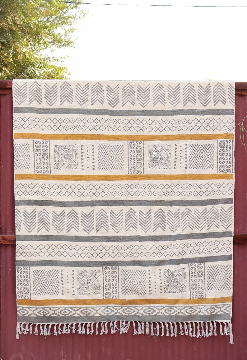Handmade Cotton Durries Hand Block Printed Rugs For Living Room Home Décor Carpet