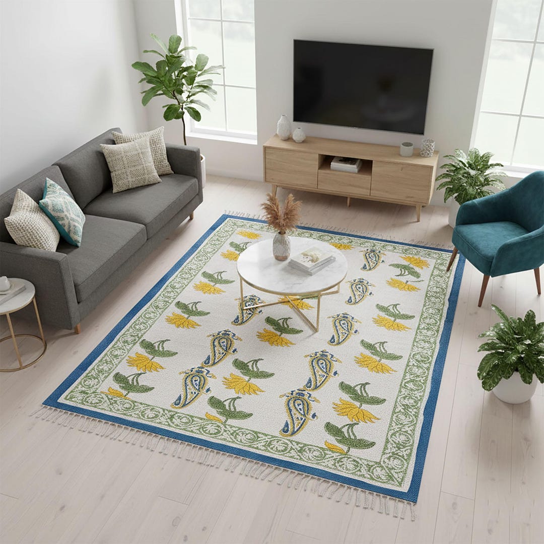 Handmade Block Printed Rug Floral Print Rug Living Room Rug Cotton ...