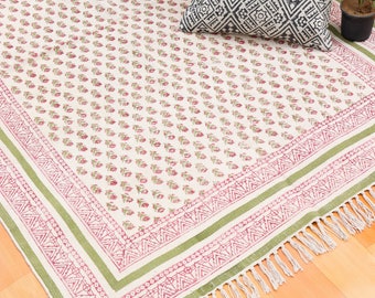 Indian Rug | Handmade Cotton Rugs | Geometric Rug | Block Printed Rug Dhurrie | Patio Rugs Kitchen Dhurrie | 6x9 8x10 Rug