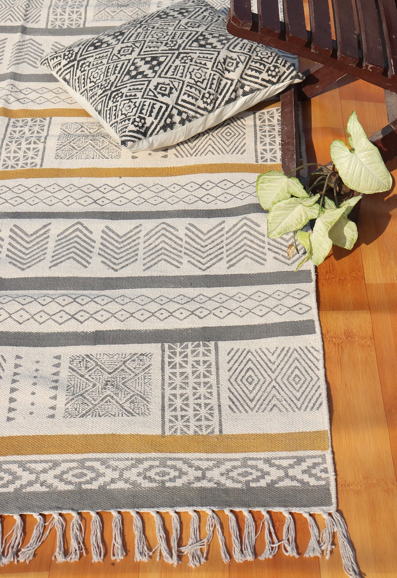 Handmade Cotton Durries Hand Block Printed Rugs For Living Room Home Décor Carpet