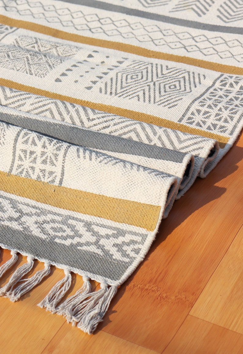 Handmade Cotton Durries Hand Block Printed Rugs For Living Room Home Décor Carpet