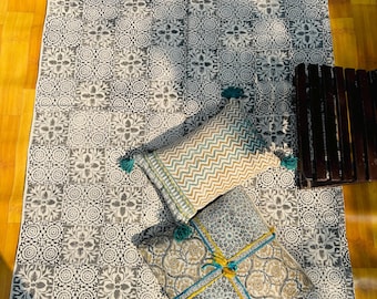 Indian Hand Block Print Cotton Rug, Custom Runner Dhurrie, Washable Bedroom Yoga Mat