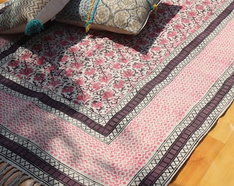 Vintage Indian Dhurrie Boho Area Carpet, Hand Block Printed Pink Floral Cotton Rug 8x10