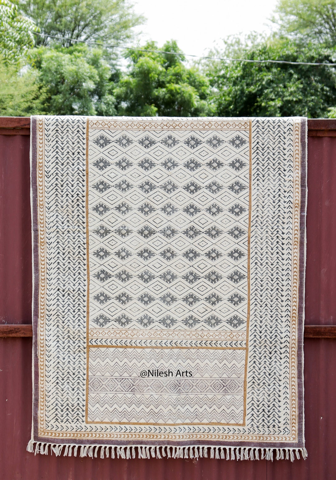 Handmade 5x8 Ft Block Printed Cotton Dhurrie Rug | Geometric Boho Kilim ...