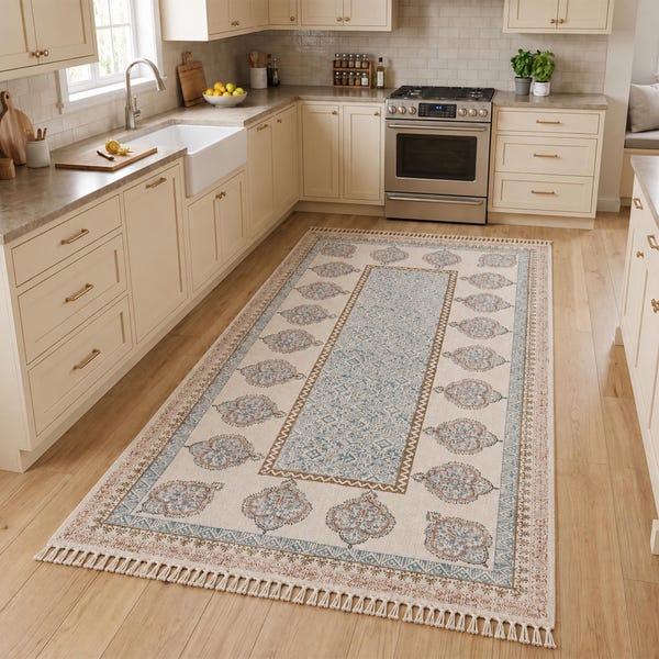 Handmade Blue Block Print Cotton Runner Rug, Washable Flatweave Dhurrie Carpet