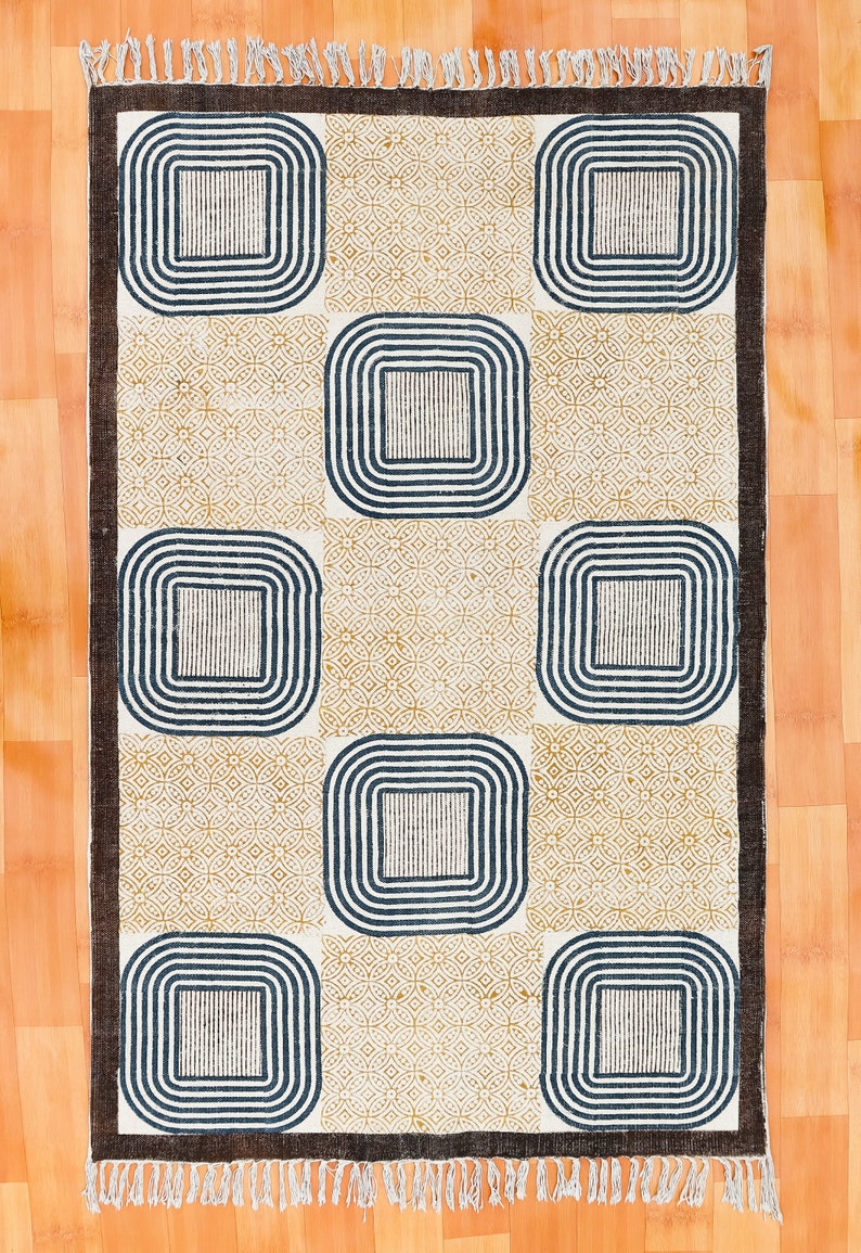 Handmade cotton Rug Patio Rugs Living Room Rugs Block Printed Rug Dhurrie Indian Rug 5x8 6x9 Rug image 6