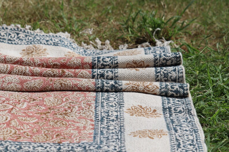 8x10 Hallway runner kilim cotton carpet Kitchen Hand block rug Stair woven cotton durries