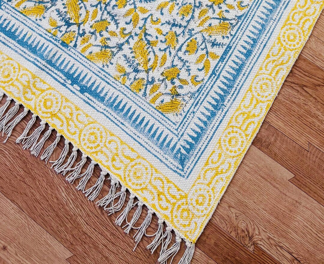 Block Printed Cotton Floral Rug, Handmade Washable Area Rug - Etsy