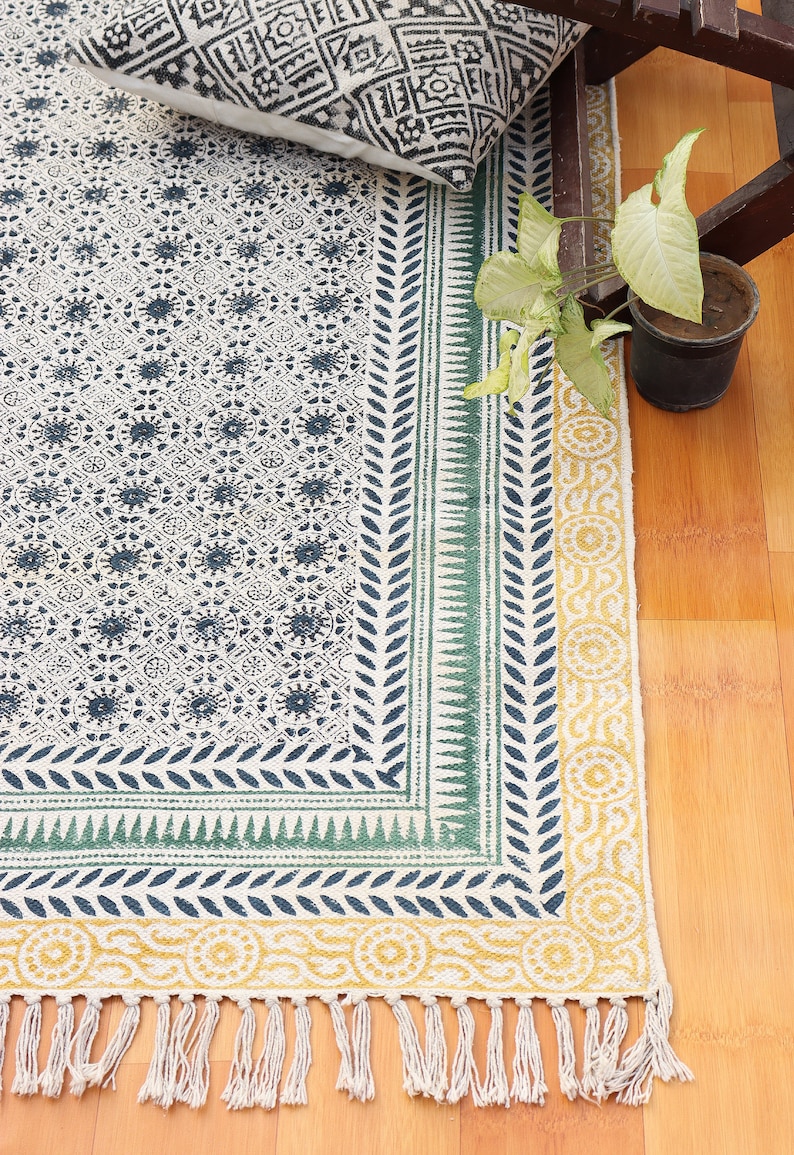 Handcrafted Dhurrie | Block Print Floor Rug for Bedroom & Living Room 9x12 Rug