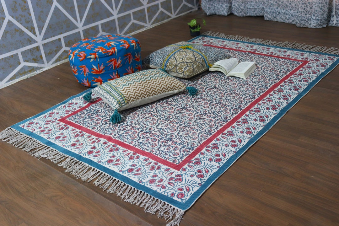 Handmade Block Printed Cotton Rug, Vintage Style, Indoor Outdoor - Etsy