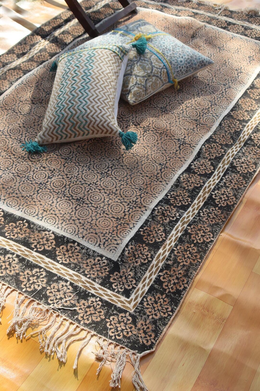 Handmade Block Printed Cotton Rug, Geometric Vintage Style (3x16 Feet ...