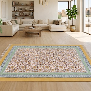 Alfombra de algodón amarilla con estampado floral, estilo bohemio, tejida a mano (5 x 8 pies)