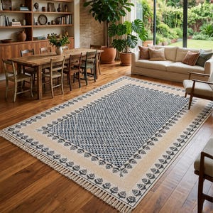 Dhurrie de Algodão com Estampa em Bloco Feita à Mão, Tapete Indiano Floral Azul Índigo, Tapete Boho de Tecido Plano