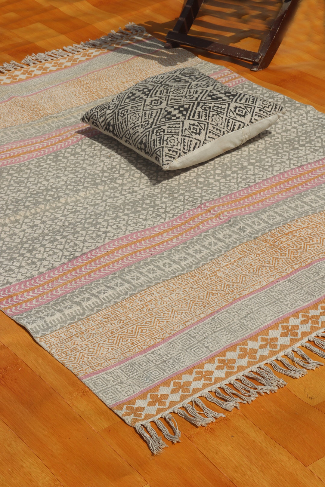 Hand Block Print Cotton Dhurrie Rug, Bohemian Geometric Design - Etsy