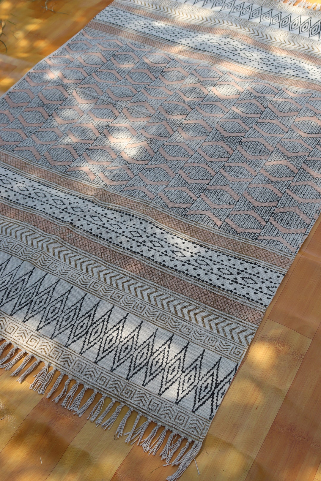 Block Printed Geometric Rug, 5x8 Ft, Cotton Area Rug - Etsy