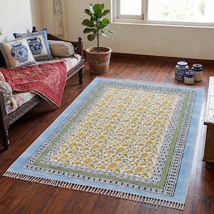 Blue Floral Hand Block Printed Cotton Runner Rug, Washable Flatweave Hallway Carpet