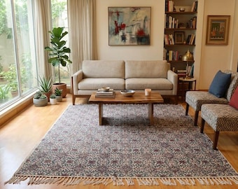 Handmade Cotton Area Rug – Indian Block Print Boho Dhurrie for Living Room 8x10 Feet