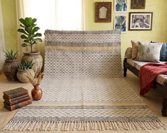 Handmade Oushak Cotton Dhurrie Rug: 8x10 ft Block Print Boho Area Carpet