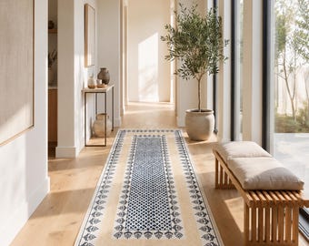 Hand Block Printed Cotton Dhurrie Rug, Blue Floral Runner Rug, Boho Entryway Hallway Carpet