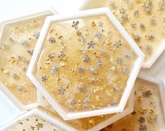 Epoxy resin decor tray, forget me not real dried flower, hexagon trinket tray