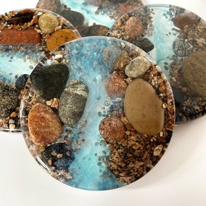 epoxy river coasters, epoxy art, resin coasters, pebble beach, blue river coaster (single)