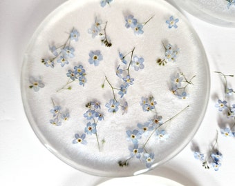 pressed forget me not flowers coaster, epoxy art, resin coaster (single)