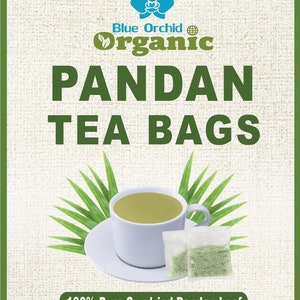 Puede incluir: Imagen de las bolsas de t&eacute; Pandan org&aacute;nico de Blue Orchid. La imagen muestra una taza blanca con t&eacute; verde, bolsitas de t&eacute; y el texto "100% Pure Sundried Pandan Leaf". El peso neto es de 40g.