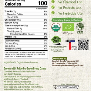 Puede incluir: Etiqueta de informaci&oacute;n nutricional para un producto llamado Harina de Pl&aacute;tano Verde. La etiqueta enumera los ingredientes como pl&aacute;tanos verdes org&aacute;nicos y declara que el producto se cultiva con orgullo por Greenliving Camp. La etiqueta tambi&eacute;n incluye una lista de certificaciones, incluidas USDA Organic, TH BIO 121 Agricultura de Tailandia y FOMM Acreditado.